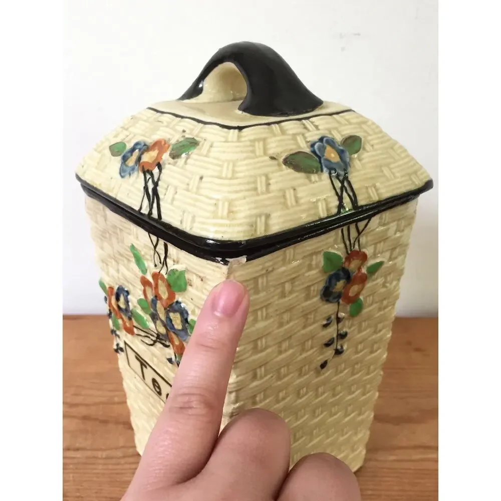 Vtg Hotta Yu Shoten Japan Japanese Basketweave Majolica Tea Jar Kitchen Canister